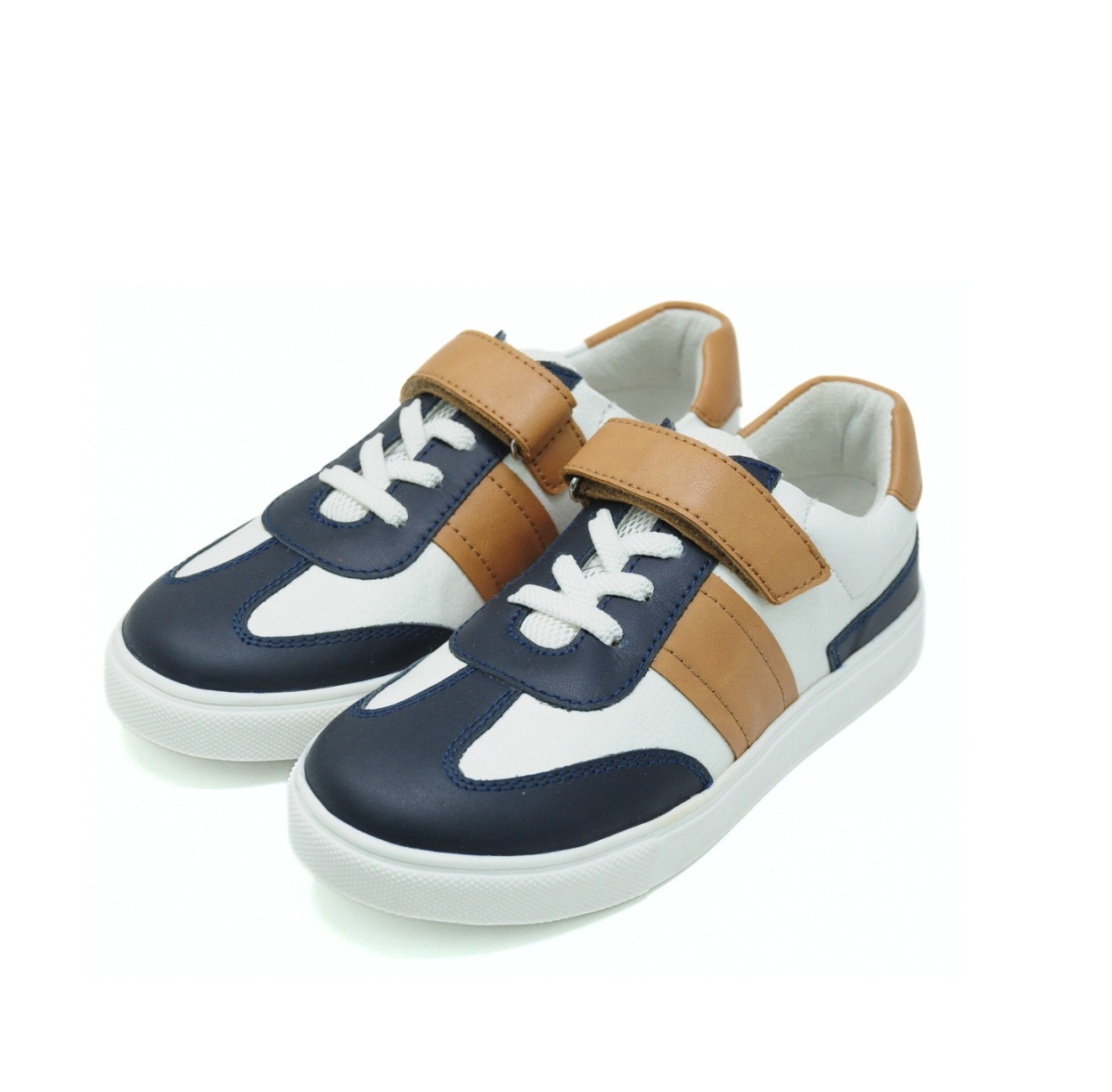 Classic Kids Leather Sneaker - Navy & Tan