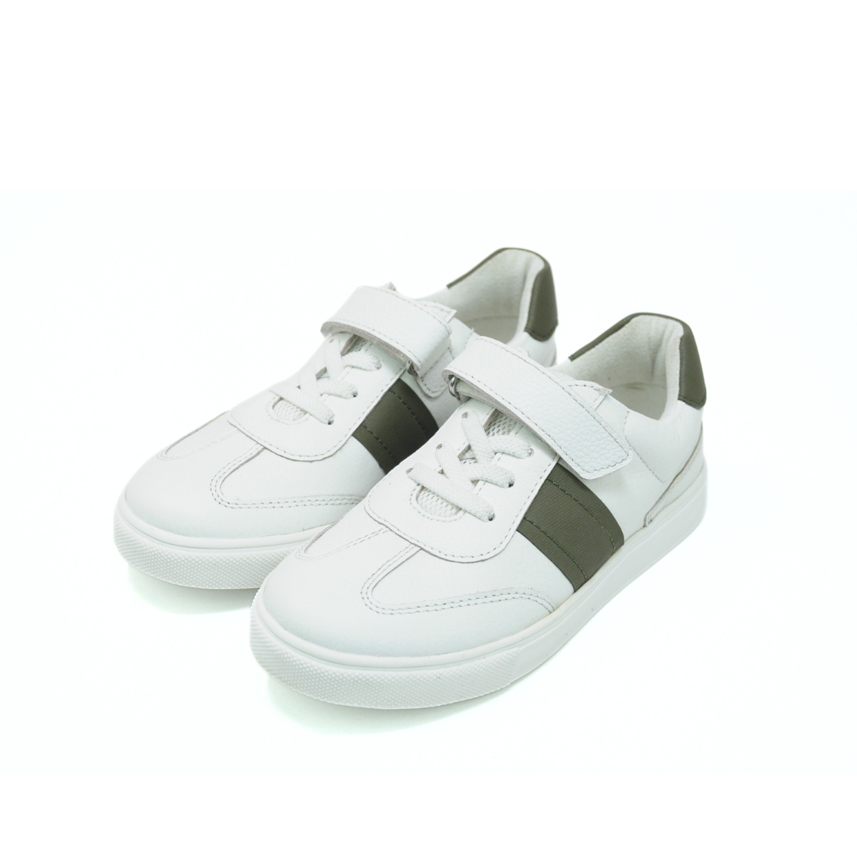 Classic Kids Leather Sneaker - White & Olive
