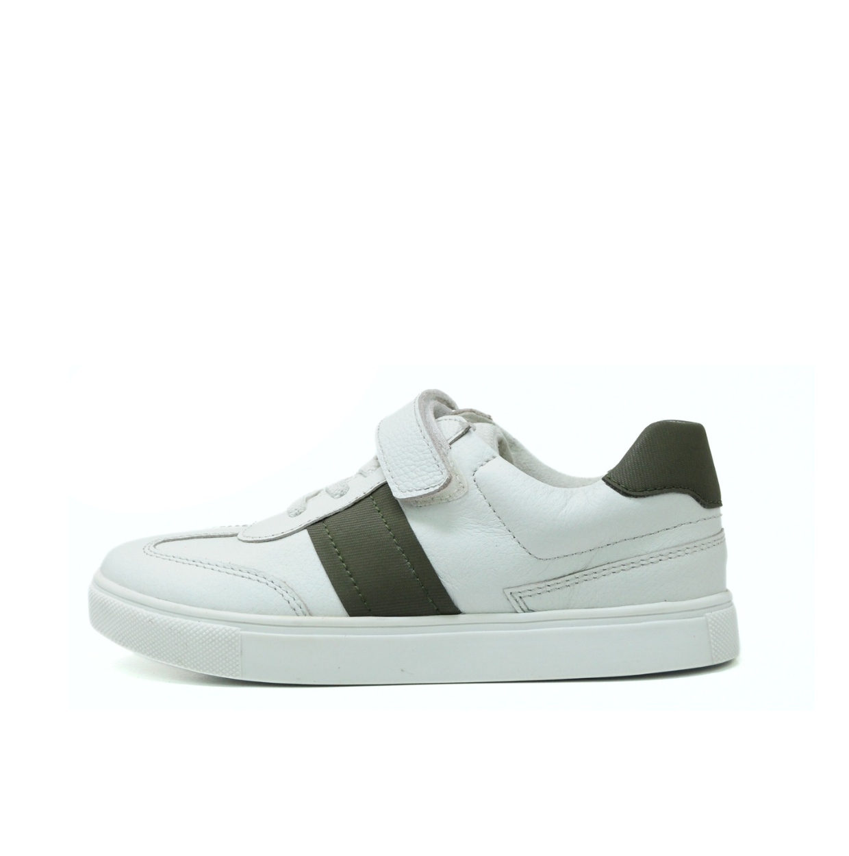 Classic Kids Leather Sneaker - White & Olive