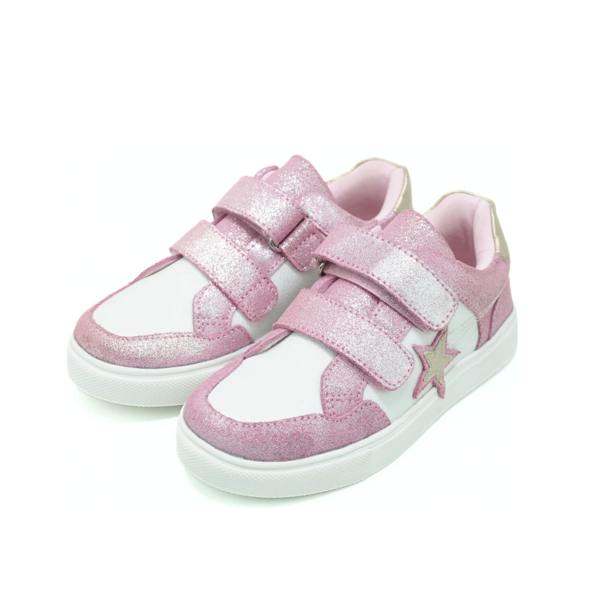 'Starscape' Kids Leather Sneaker - Glitter Pink & White