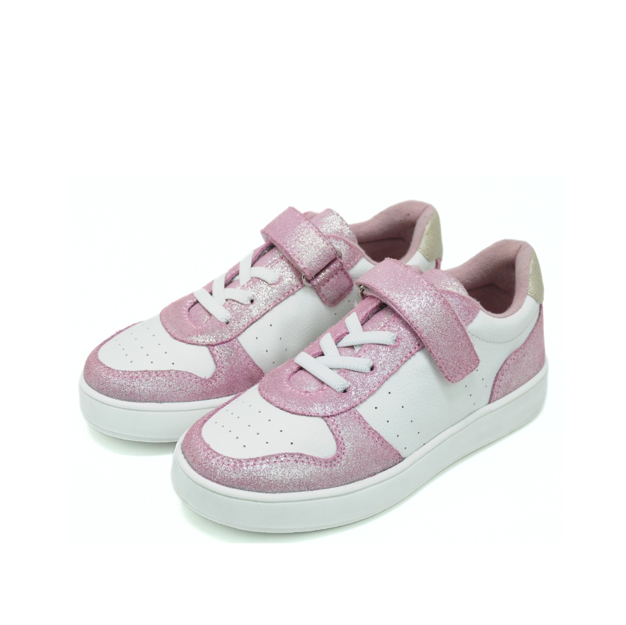 Classic Kids Leather Sneaker - Glitter Pink & White