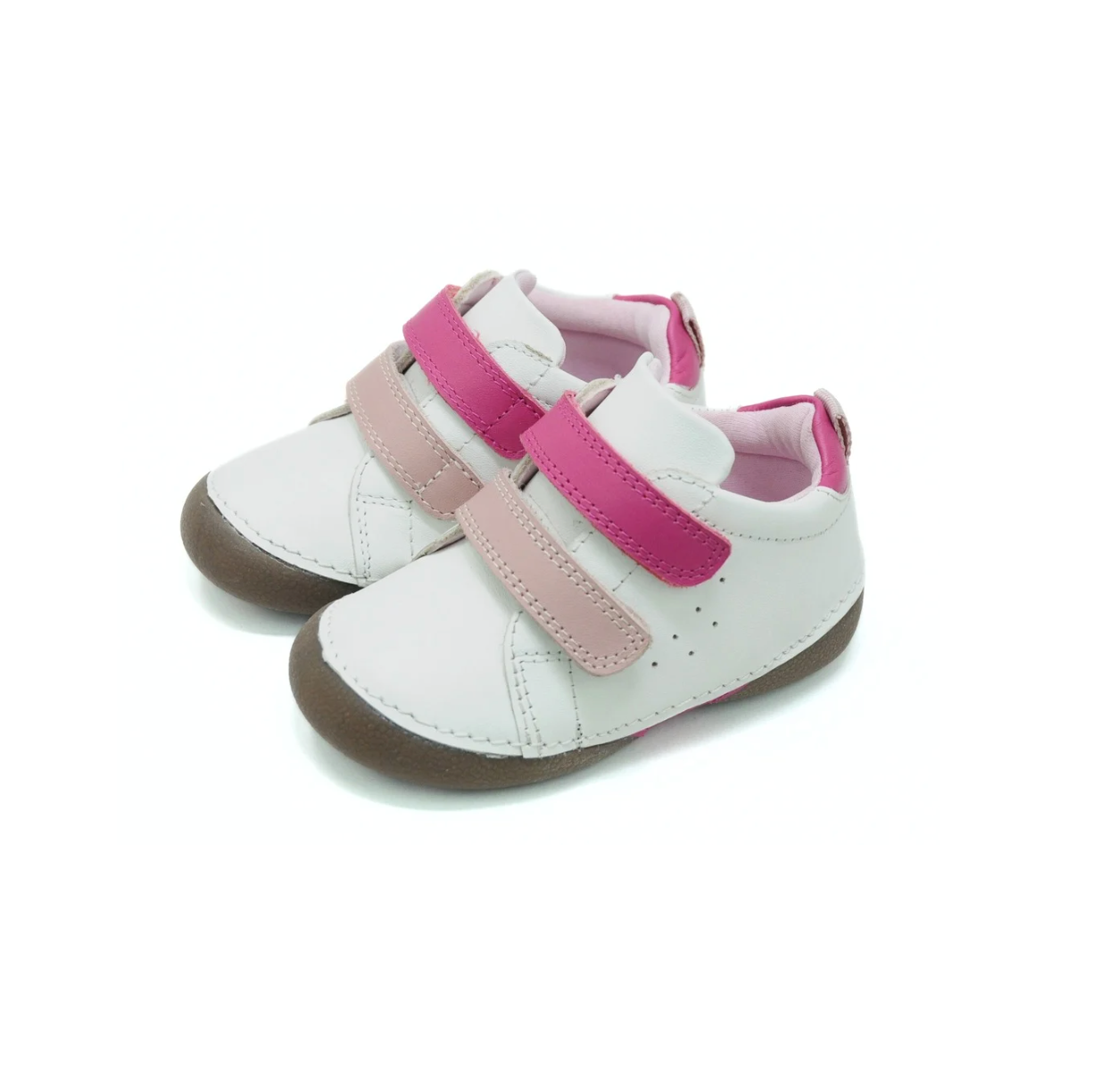 Double Velcro Kids Leather Sneakers - White & Pink